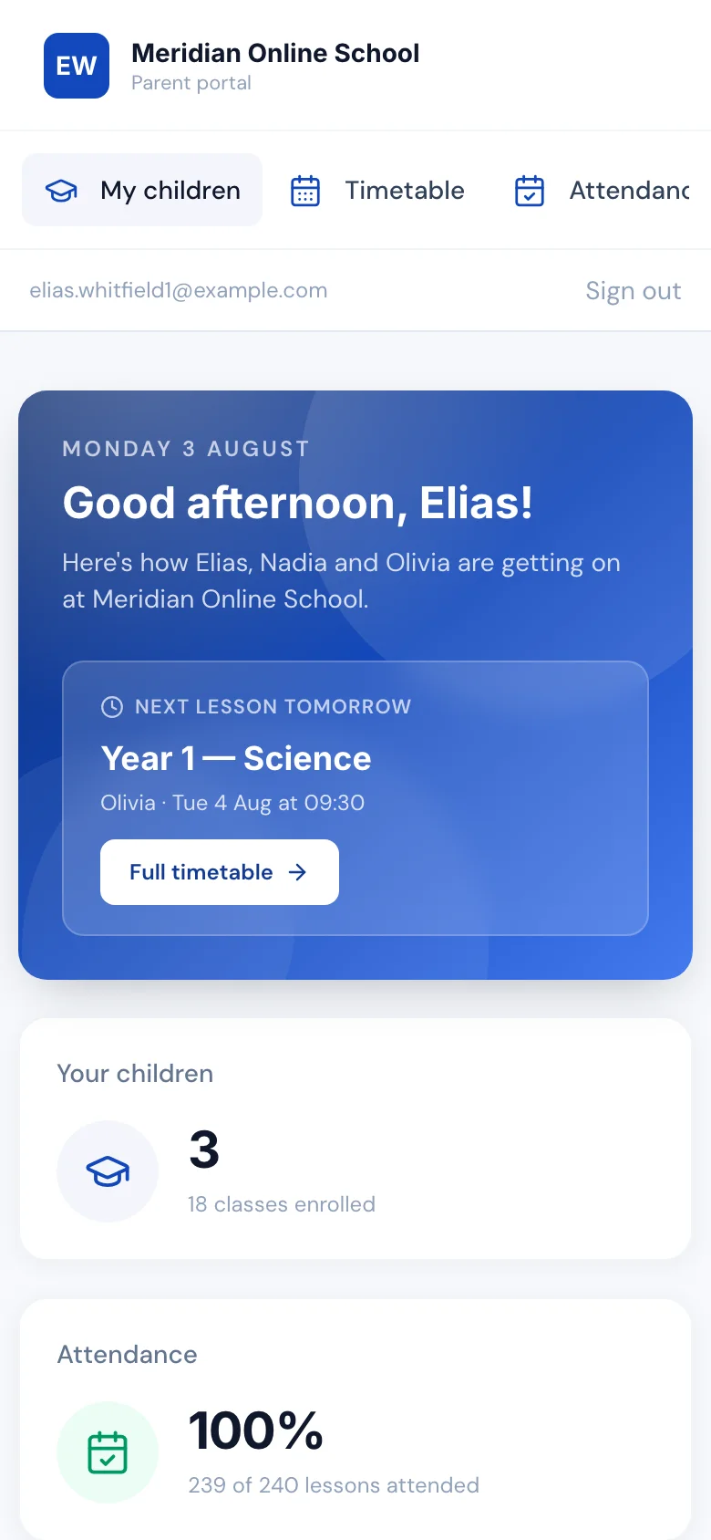 The parent portal on a phone: a greeting naming all three children, the next lesson with a link to the full timetable, and attendance across the family