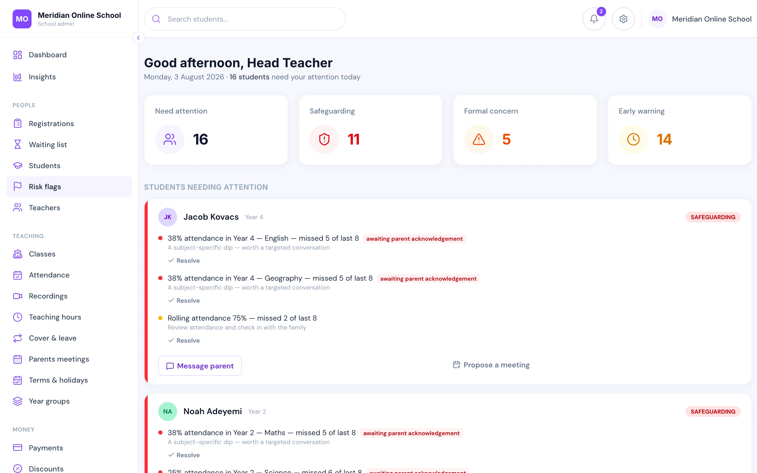 Risk dashboard listing students needing attention with reasons