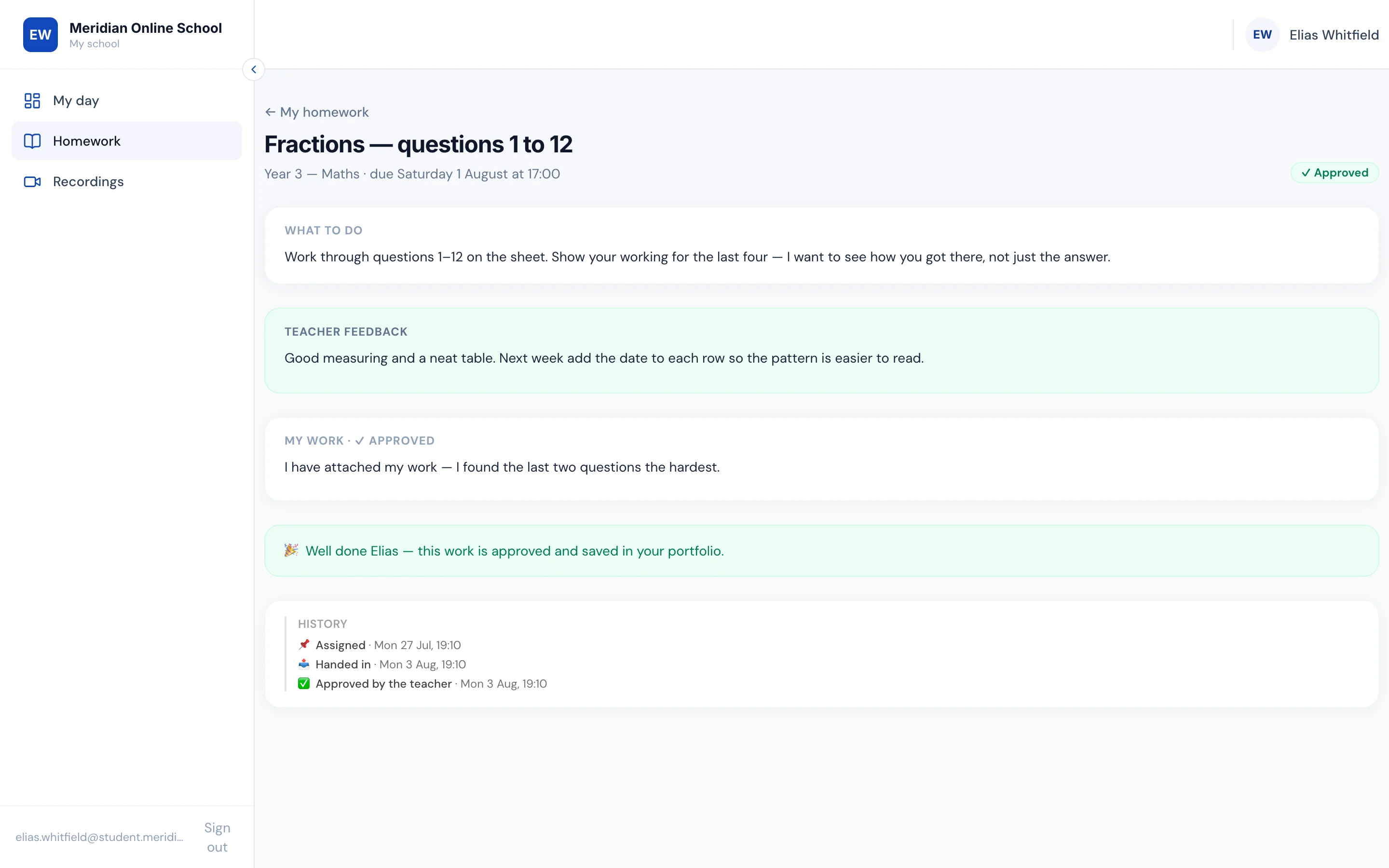 A student’s homework page showing the task, the teacher’s written feedback, their own work marked as approved, and the history from assigned to handed in to approved