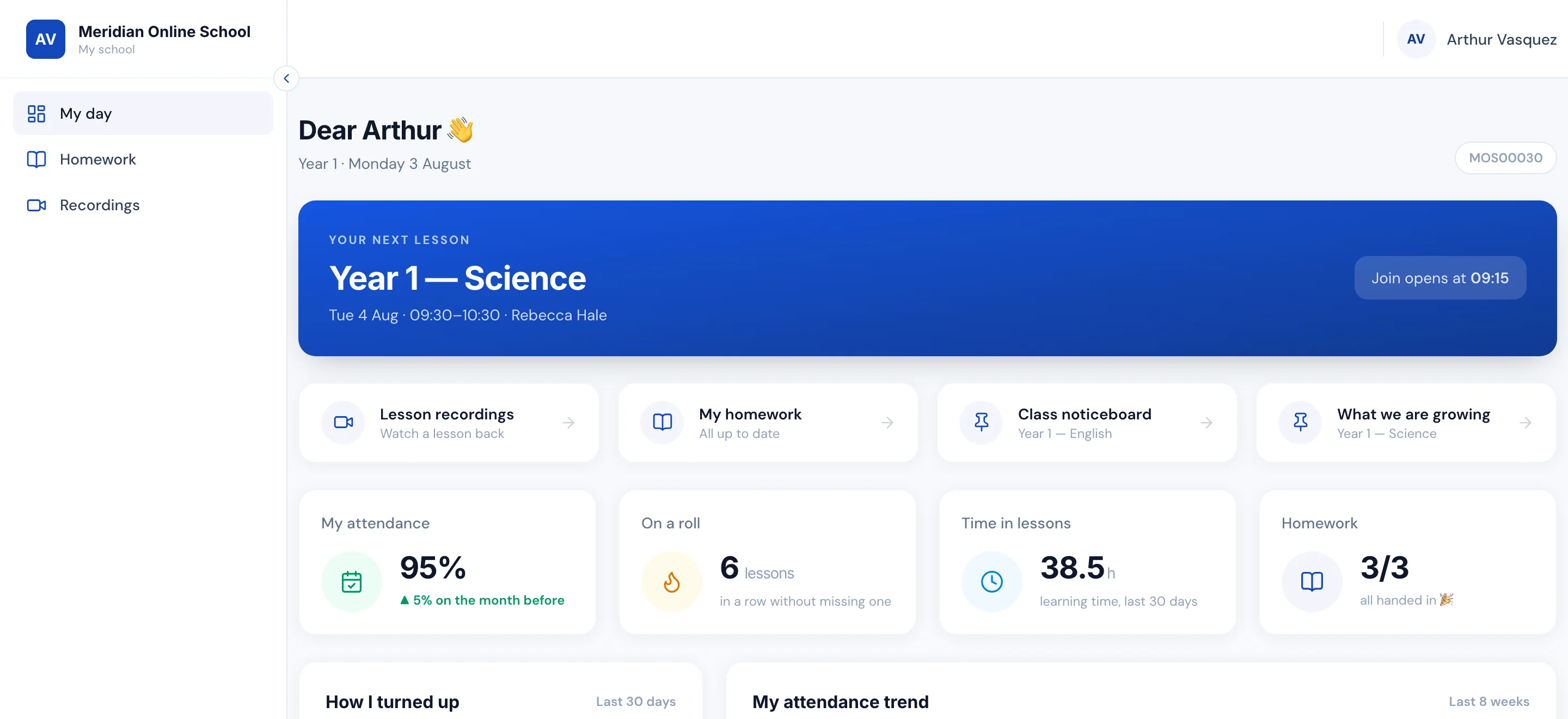 A student’s dashboard showing their next lesson, with the Join button due to switch on shortly before it starts